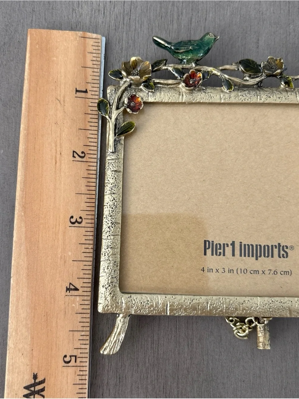 Pier One Imports Gold Tone Enameled Floral Bird Easel Back Photo Frame 4x3